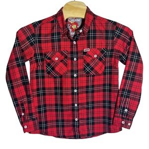 Dixxon Flannel Shirt Red Black Plaid Button Up Long Sleeve The Diddley‎ Womens L